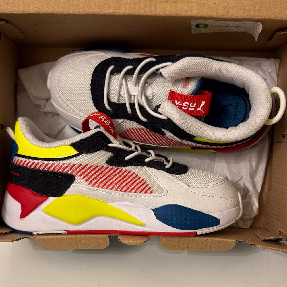 Puma Kids White Sneakers with Yellow, Blue & Red Accents